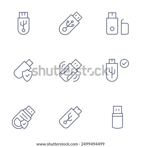 Usb flash drive icons set. Thin Line style, editable stroke. cloud storage, rugged USB drive, bootable drive, drive performance, encryption.