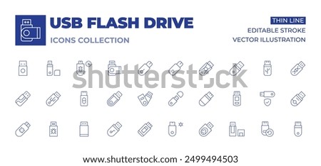 Usb flash drive icons collection. Thin Line icons, editable stroke. pen drive, drive, flash disk, flash drive.