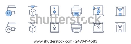 Printer icon set in two styles, Duotone and Thin Line style. Editable stroke. print queue, cloud printing, print software, print monitor, job, receipt.