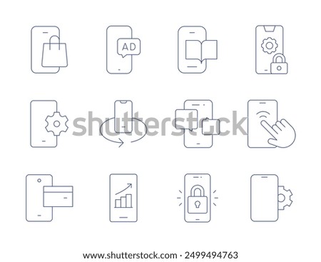 Smartphone icons. Thin Line style, editable stroke. read, online shop, mobile setup, mobile payment, phone, lock, online marketing, mobile rotation, mobile.