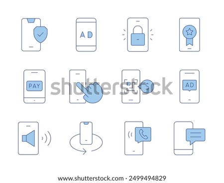 Smartphone icons. Line Duotone style, editable stroke. advertisement, touch screen, mobile rotation, advertising, sms, smartphone, phone, qr scan, pay, landing page, lock, security.