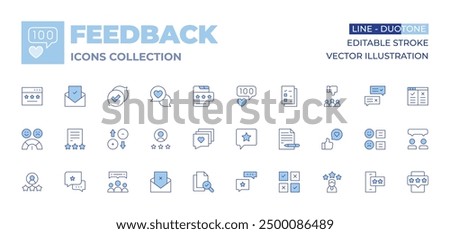 Feedback icons collection. Line Duotone style, editable stroke. love message, feedback, satisfaction, smartphone, document, rating, file, dislike, letter, likes, testimony, opinion, review.