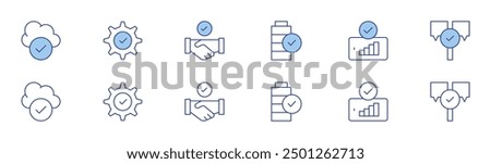 Checkmark icon set in two styles, Duotone and Thin Line style. Editable stroke. cloud computing, check mark, battery, good signal, answer, deal.