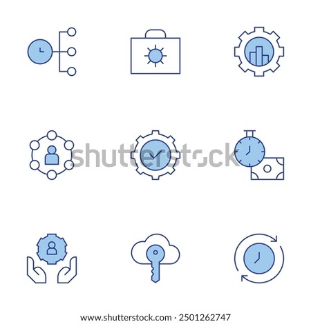 Management icons set. Line Duotone style, editable stroke. adjust, key, time manager, time management, sales, community, compliance, briefcase, user.