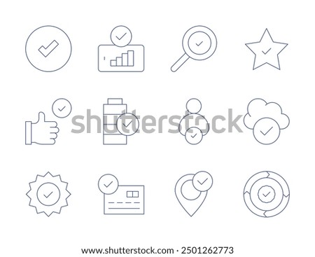 Checkmark icons. Thin Line style, editable stroke. best practice, yes, cloud computing, star, choose, checkmark, verify, renew, search, battery, good signal, credit card.