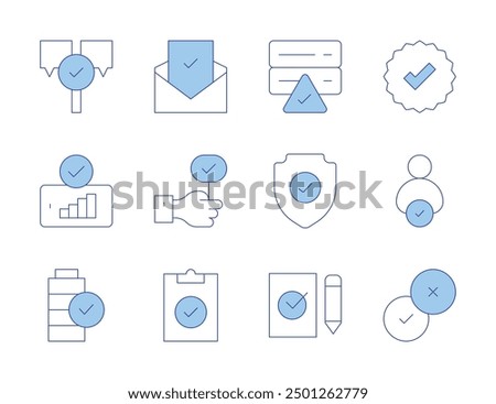 Checkmark icons. Line Duotone style, editable stroke. server, shield, battery, good signal, answer, ballot, good review, task, checked, choose, tick, customer satisfaction.