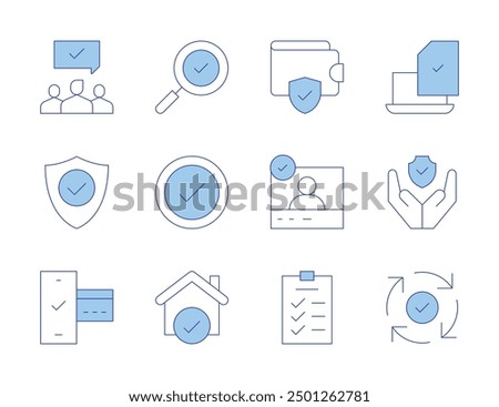 Checkmark icons. Line Duotone style, editable stroke. search, check, house, process, task list, wallet, trust, online payment, agreement, verified user, protection, checklist.