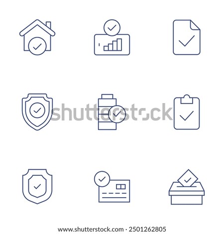 Checkmark icons set. Thin Line style, editable stroke. protection, check mark, house, shield, audit, voting box, battery, good signal, credit card.