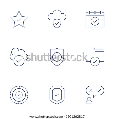 Checkmark icons set. Thin Line style, editable stroke. cloud data, security, cloud computing, star, calendar, candidate, tick, renew, shield.