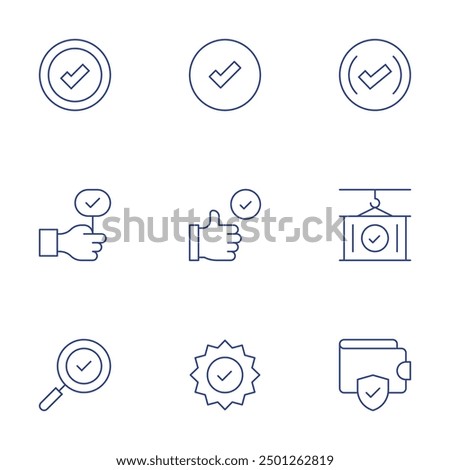 Checkmark icons set. Thin Line style, editable stroke. checked, validated, best practice, yes, verify, search, check, container, wallet.