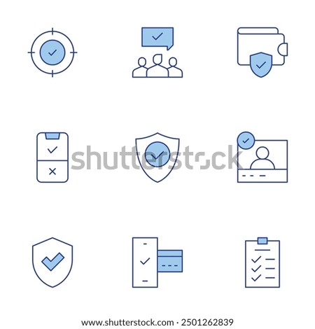 Checkmark icons set. Line Duotone style, editable stroke. task list, wallet, trust, online payment, agreement, verified user, questionnaire, shield, accuracy.