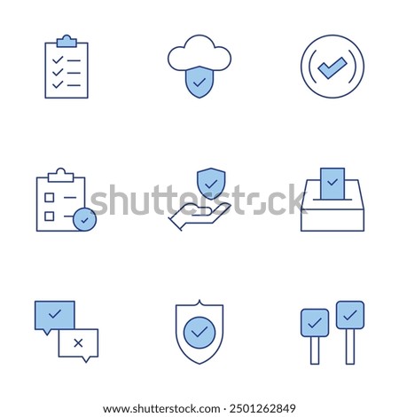 Checkmark icons set. Line Duotone style, editable stroke. data protection, survey, checklist, clipboard, vote, sign, validated, cloud data, security.