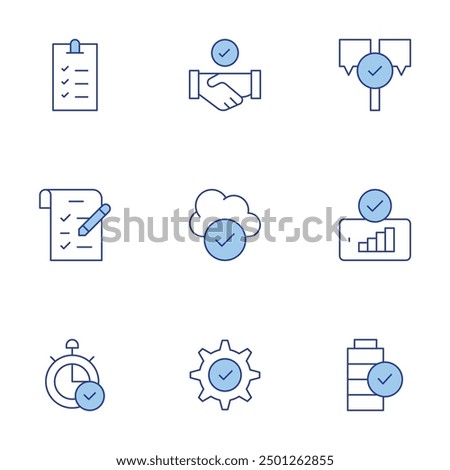 Checkmark icons set. Line Duotone style, editable stroke. cloud computing, check mark, battery, good signal, answer, deal, shopping list, check list, time.