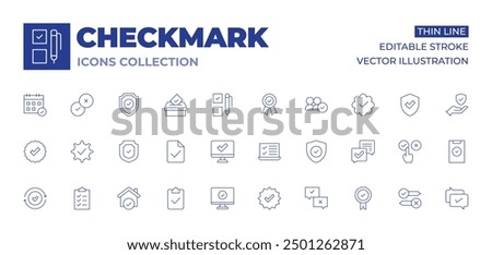 Checkmark icons collection. Thin Line icons, editable stroke. check, shield, verified, testing, badge, tick, protection, check mark, instagram verified, survey, house, audit, checklist.