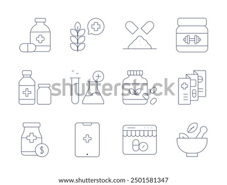 Pharmacy icons. Thin Line style, editable stroke. pill, herbal, vitamins, pharmacy, online pharmacy, supplement, medicine, syrup, price, mortar, leaflet.