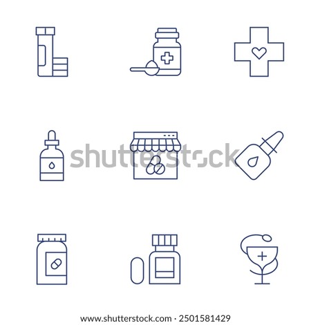 Pharmacy icons set. Thin Line style, editable stroke. effervescent, eye dropper, pill, cross, nasal spray, hygeia, dose, online pharmacy, tablets.