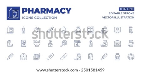 Pharmacy icons collection. Thin Line icons, editable stroke. vaccine, mortar, dose, online pharmacy, pharmacy, thermometer, phone, search, bandage, pregnancy test, vitamins.