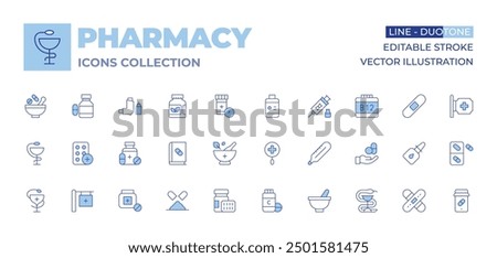 Pharmacy icons collection. Line Duotone style, editable stroke. hygeia, pharmacy, mortar, thermometer, pills, pill, book, vitamins, bandage, health, medicine, nasal spray.