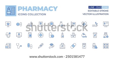 Pharmacy icons collection. Line Duotone style, editable stroke. buy online, stethoscope, pregnancy test, pills, dropper, medicines, alternative medicine, medicine, pharmacy, online pharmacy, pill.