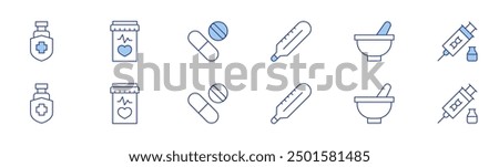 Pharmacy icon set in two styles, Duotone and Thin Line style. Editable stroke. protection, thermometer, pill, medicine, mortar, stem cells.