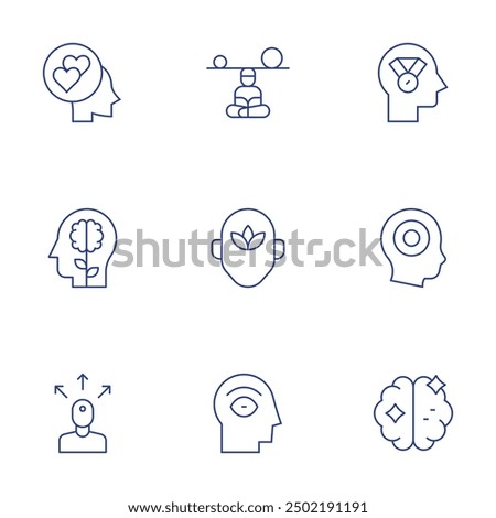 Mindfulness icons set. Thin Line style, editable stroke. faithful, mindfulness, mind, extrovert, eye, achievement, adhd, brain.