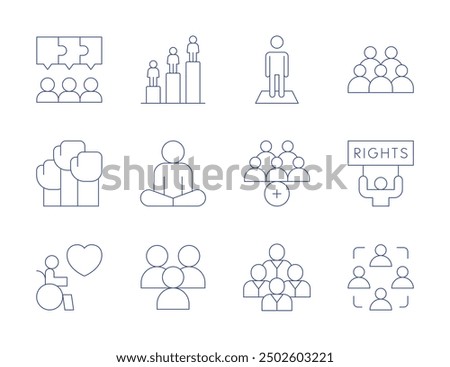 People icons. Thin Line style, editable stroke. jigsaw, protest, disabled people, learning, diversity, collaboration, meditation, civil rights, person, add group, team, chart.