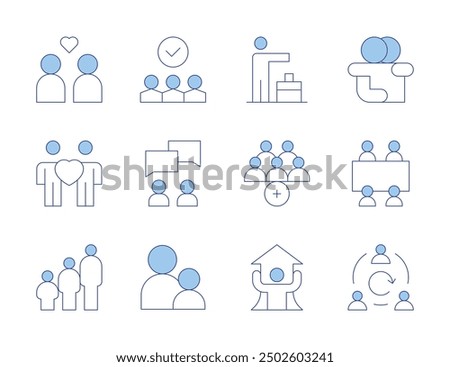 People icons. Line Duotone style, editable stroke. meeting, couple, vote, people, growth, mentoring, conversation, agile team, hug, solidarity, age group, add group.