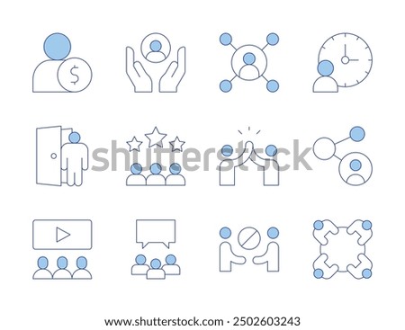 People icons. Line Duotone style, editable stroke. meeting, avoid, high five, care, workers, dismiss, time, audience, connect, connections, employee.