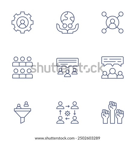 People icons set. Thin Line style, editable stroke. connections, chat, civil rights, gear, human resources, filter, humanitarian, speak up, interpersonal.