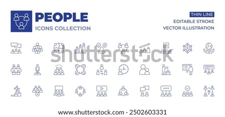 People icons collection. Thin Line icons, editable stroke. meeting, mediator, winner, audience, connection, mentoring, conversation, people, person, diversity, add group, time.