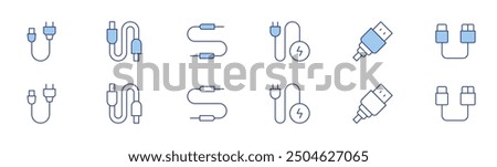 Cable icon set in two styles, Duotone and Thin Line style. Editable stroke. cable, power cable, usb cable, jack connector.