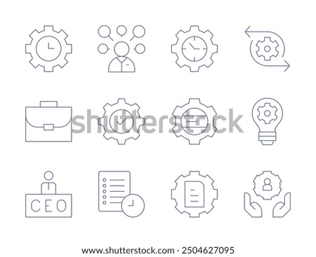 Manager icons. Thin Line style, editable stroke. time management, data management, content management, work time, briefcase, ceo, multitasking, archive, settings.