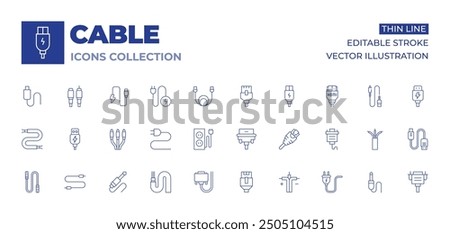 Cable icons collection. Thin Line icons, editable stroke. wire, charger, jack, cable, internet, coaxial, optical fiber, usb, audio jack, av cable, power, extension, vga.