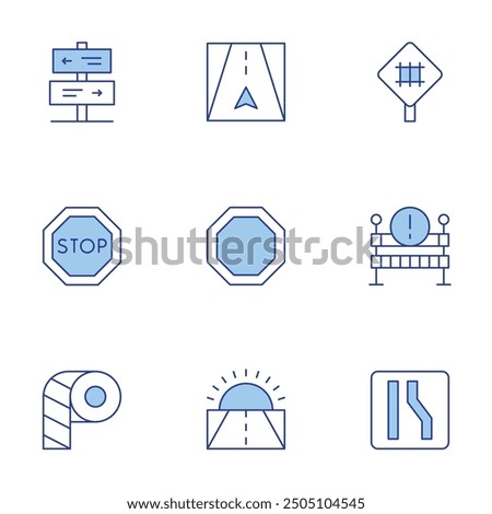 Road icons set. Line Duotone style, editable stroke. stop, directions, railway, road, police line, road block, narrow.