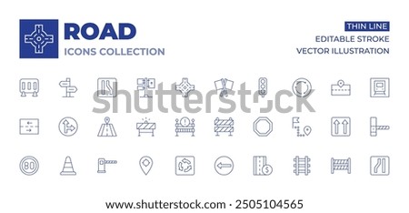 Road icons collection. Thin Line icons, editable stroke. go straight or right, right, traffic cone, sign, road barrier, speed limit, road block, roundabout, tracking, barrier.