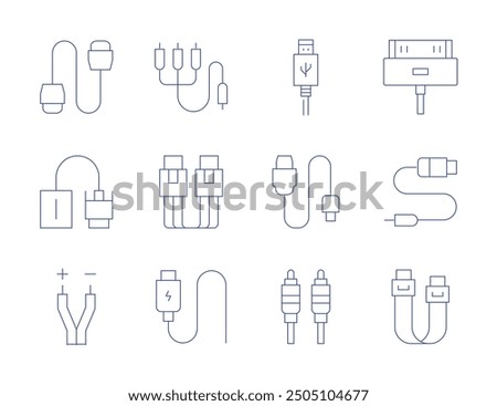 Cable icons. Thin Line style, editable stroke. hdmi, usb cable, vga, wires, optical fiber, rca, pin, cable.