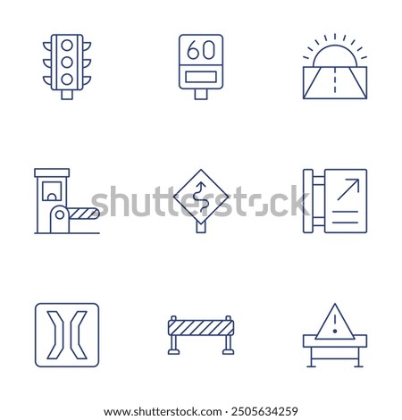 Road icons set. Thin Line style, editable stroke. narrow bridge, toll, traffic light, road sign, speed radar, diagonal arrow, barrier, road.