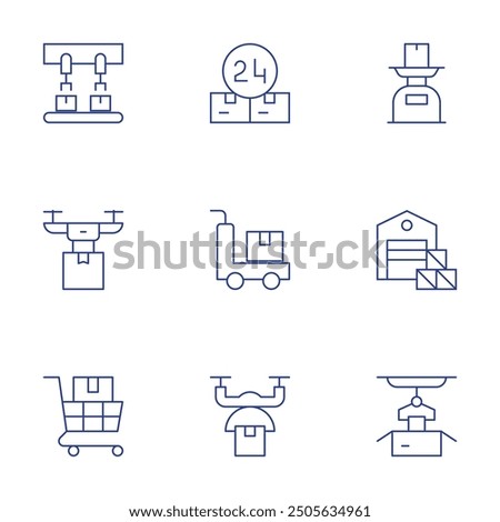 Logistics icons set. Thin Line style, editable stroke. conveyor belt, hours, scale, drone delivery, trolley, warehouse, delivery box, packaging.