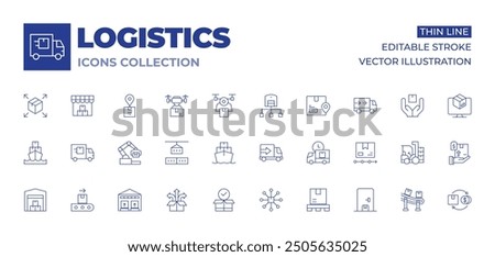 Logistics icons collection. Thin Line icons, editable stroke. cargo ship, conveyor, warehouse, logistics, robotic arm, logistic, growth, box, stock, stack, delivery truck.