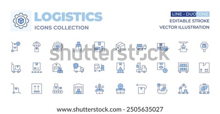 Logistics icons collection. Line Duotone style, editable stroke. trolley, logistics, package, warehouse, side up, truck, return, time, crane, ferry, box, fragile, growth, forklift.