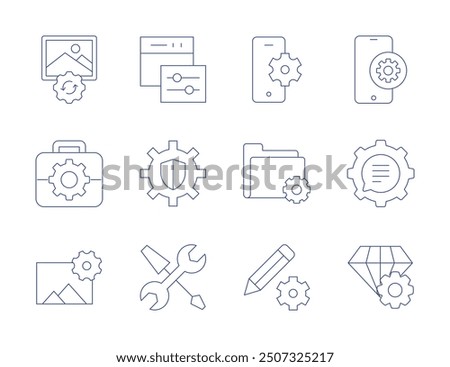 Setting icons. Thin Line style, editable stroke. pencil, smartphone, settings, image processing, adjustment, web settings.