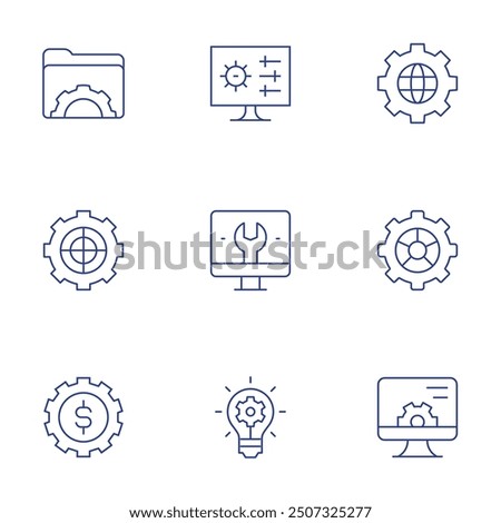 Setting icons set. Thin Line style, editable stroke. target, computer, folder, settings, money management, idea, globe, setting.