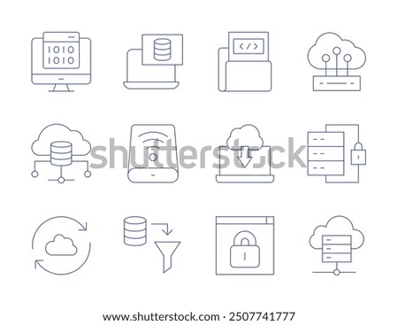 Data icons. Thin Line style, editable stroke. data protection, cloud, cloud database, sync, storage, laptop, web security.