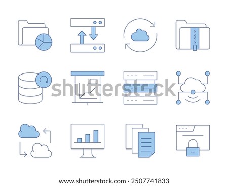 Data icons. Line Duotone style, editable stroke. data server, sync, transfer, data analysis, analytics, zip, browser, cloud, analytics, sharing, backup.