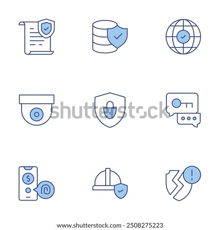 Security icons set. Line Duotone style, editable stroke. ssl, insurance, security, security camera, worldwide, protection, exchange, fingerprint.