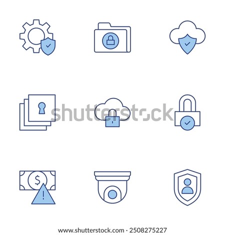 Security icons set. Line Duotone style, editable stroke. security system, security, secure folder, money, protect, cctv, personal security, settings, cloud storage.