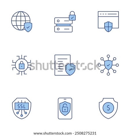 Security icons set. Line Duotone style, editable stroke. security, browser, cyber security, internet, legal document, data security, shield, ssl.