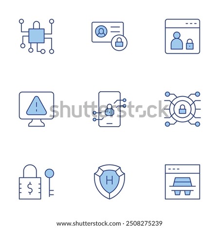 Security icons set. Line Duotone style, editable stroke. security, security system, alert, network, lock, spy, webpage, private account.