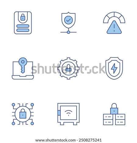 Security icons set. Line Duotone style, editable stroke. protection, shield, risk, cyber security, security box, secure, log in, web protection, laptop.