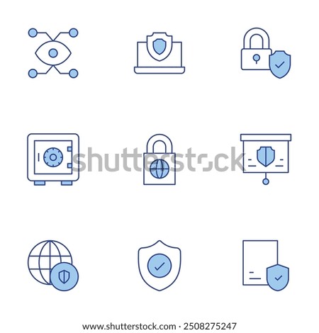 Security icons set. Line Duotone style, editable stroke. network, security, padlock, safe deposit, laptop, shield, data security.